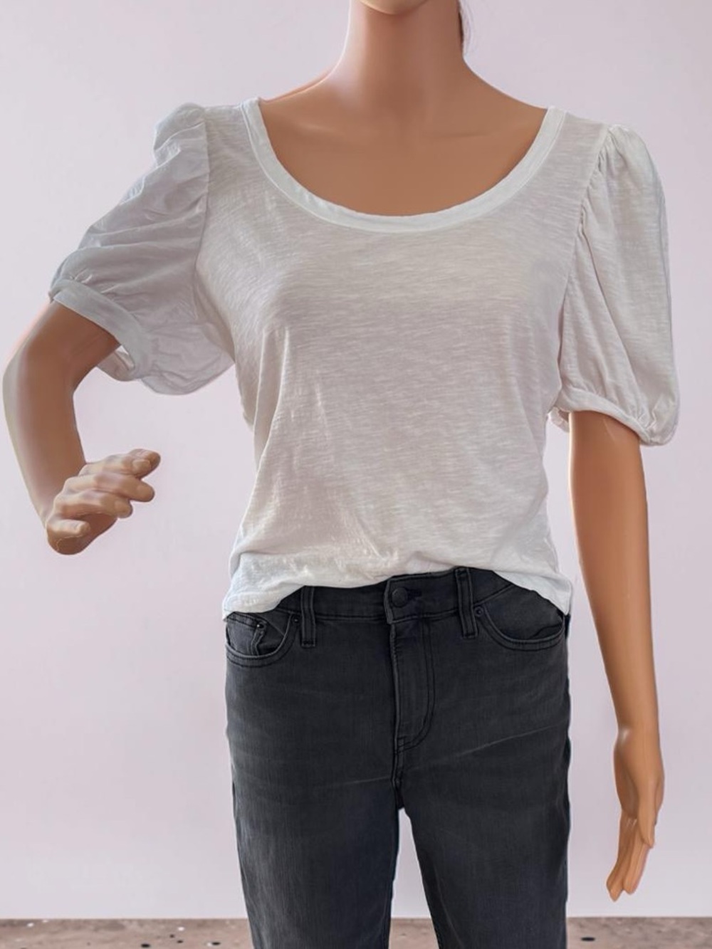 Anthropologie White Puff-Sleeve Scoop Tee